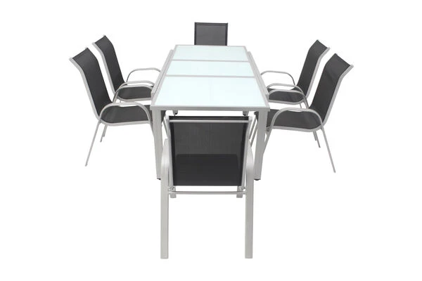 VILLANA Esstischgruppe, Silber/schwarz, Alu/Textil, Ausziehtisch 160/220 Cm, 6 Stapelstühle 12 VILLANA Esstischgruppe, Silber/schwarz, Alu/Textil, Ausziehtisch 160/220 Cm, 6 Stapelstühle – Bild 10