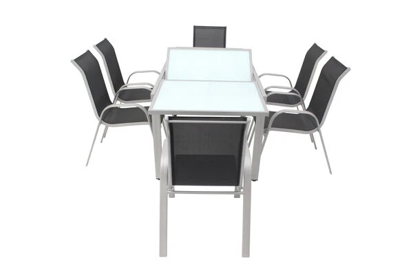 VILLANA Esstischgruppe, Silber/schwarz, Alu/Textil, Ausziehtisch 160/220 Cm, 6 Stapelstühle 13 VILLANA Esstischgruppe, Silber/schwarz, Alu/Textil, Ausziehtisch 160/220 Cm, 6 Stapelstühle – Bild 11