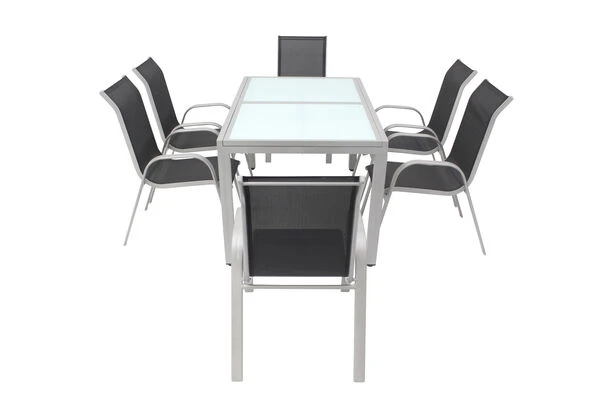 VILLANA Esstischgruppe, Silber/schwarz, Alu/Textil, Ausziehtisch 160/220 Cm, 6 Stapelstühle 14 VILLANA Esstischgruppe, Silber/schwarz, Alu/Textil, Ausziehtisch 160/220 Cm, 6 Stapelstühle – Bild 12