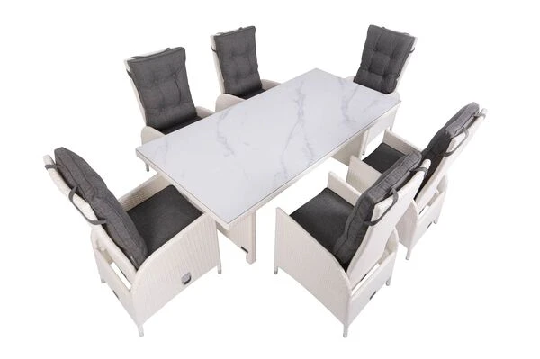 OUTFLEXX Dining Set, Weiß, Polyrattan, Tisch 200x95cm, Spraystone 6mm, 6 Dining Sessel Verstellbar 19 OUTFLEXX Dining Set, Weiß, Polyrattan, Tisch 200x95cm, Spraystone 6mm, 6 Dining Sessel Verstellbar – Bild 17