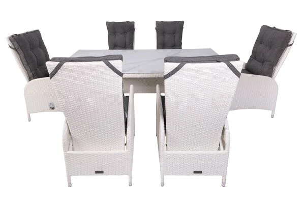 OUTFLEXX Dining Set, Weiß, Polyrattan, Tisch 200x95cm, Spraystone 6mm, 6 Dining Sessel Verstellbar 20 OUTFLEXX Dining Set, Weiß, Polyrattan, Tisch 200x95cm, Spraystone 6mm, 6 Dining Sessel Verstellbar – Bild 18