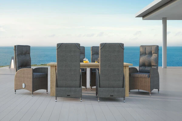 OUTFLEXX Esstischgarnitur, Polyrattan/Teakholz, Tisch 200 X 100 Cm, 6 Hochlehner- Diningsessel, Inkl. Polster 19 OUTFLEXX Esstischgarnitur, Polyrattan/Teakholz, Tisch 200 X 100 Cm, 6 Hochlehner- Diningsessel, Inkl. Polster – Bild 17