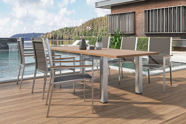 STERN Cardiff Esstischgruppe, Silber/taupe, Edelstahl/Teak, Tisch 200/260 X 100 Cm, 6 Stapelsessel 3 STERN Cardiff Esstischgruppe, Silber/taupe, Edelstahl/Teak, Tisch 200/260 X 100 Cm, 6 Stapelsessel