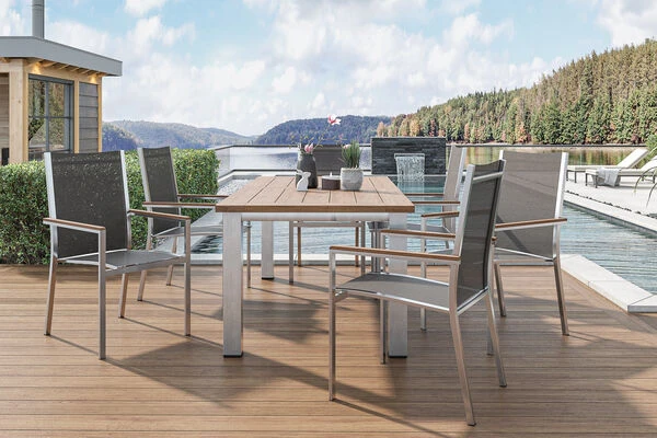 STERN Cardiff Esstischgruppe, Silber/taupe, Edelstahl/Teak, Tisch 200/260 X 100 Cm, 6 Stapelsessel 4 STERN Cardiff Esstischgruppe, Silber/taupe, Edelstahl/Teak, Tisch 200/260 X 100 Cm, 6 Stapelsessel – Bild 2