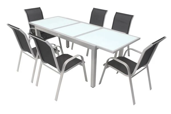 VILLANA Esstischgruppe, Silber/schwarz, Alu/Textil, Ausziehtisch 160/220 Cm, 6 Stapelstühle 3 VILLANA Esstischgruppe, Silber/schwarz, Alu/Textil, Ausziehtisch 160/220 Cm, 6 Stapelstühle