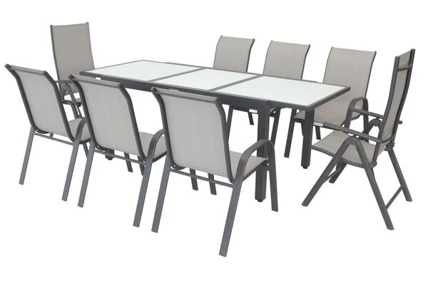 VILLANA Sitzgruppe, Anthrazit/grau, Alu/Textil, Tisch 160/220 Cm, 6 Stapelstühle, 2 Hochlehner 3 VILLANA Sitzgruppe, Anthrazit/grau, Alu/Textil, Tisch 160/220 Cm, 6 Stapelstühle, 2 Hochlehner