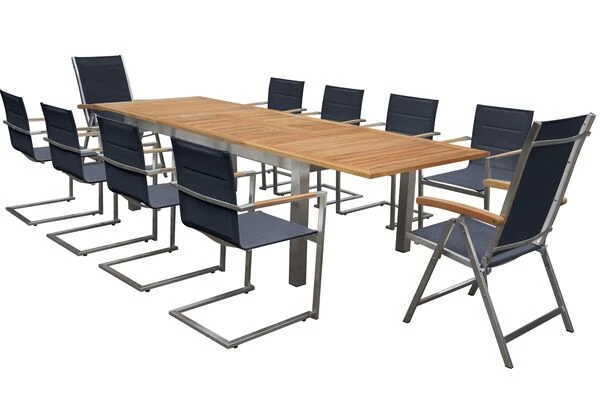OUTFLEXX Set, Schwarz, 200/300 X 100 Cm, Edelstahl/Teak, Ausziehtisch, 6 Stühle Padded, 2 Multipositionssessel 3 OUTFLEXX Set, Schwarz, 200/300 X 100 Cm, Edelstahl/Teak, Ausziehtisch, 6 Stühle Padded, 2 Multipositionssessel