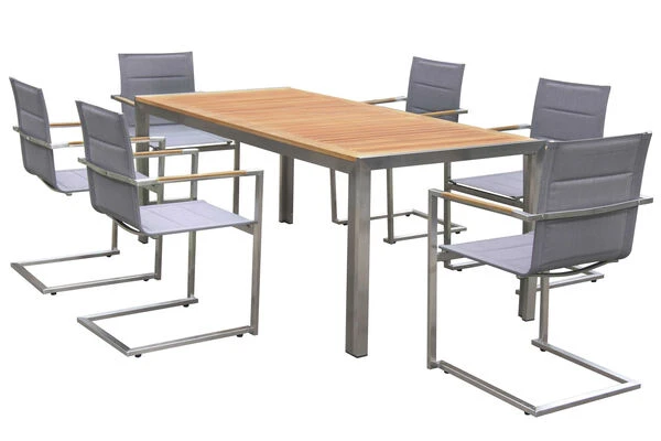 OUTFLEXX Esstischgruppe, Taupe, Edelstahl/Teak, Tisch 180x90cm, 6 Stapelstühle Gepolstert 3 OUTFLEXX Esstischgruppe, Taupe, Edelstahl/Teak, Tisch 180x90cm, 6 Stapelstühle Gepolstert