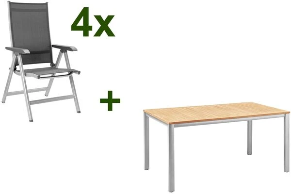 KETTLER Basic Plus Esstischgarnitur, Silber/ Anthrazit, 160 X 95 Cm, Alu/Textilene, 4 Multipositionssessel 3 KETTLER Basic Plus Esstischgarnitur, Silber/ Anthrazit, 160 X 95 Cm, Alu/Textilene, 4 Multipositionssessel
