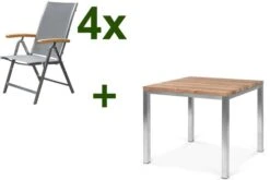 OUTFLEXX Esstischgarnitur, Edelstahl / Recyceltes FSC-Teak, Tisch 90 X 90 Cm, 4 Multipositionssessel, Taupe
