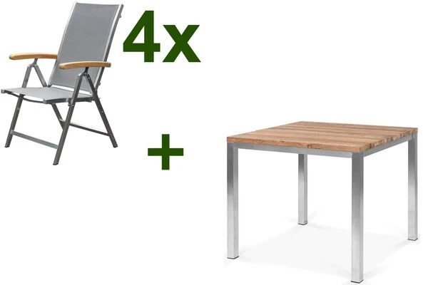 OUTFLEXX Esstischgarnitur, Edelstahl / Recyceltes FSC-Teak, Tisch 90 X 90 Cm, 4 Multipositionssessel, Taupe 3 OUTFLEXX Esstischgarnitur, Edelstahl / Recyceltes FSC-Teak, Tisch 90 X 90 Cm, 4 Multipositionssessel, Taupe