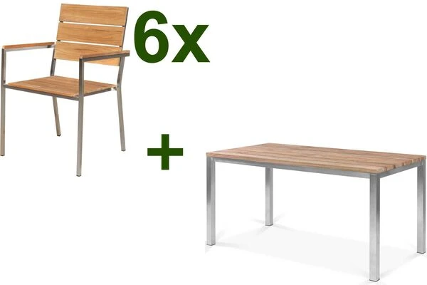 OUTFLEXX Esstischgarnitur, Edelstahl / FSC-Teakholz, Tisch 150 X 80 Cm, 6 Stapelsessel 3 OUTFLEXX Esstischgarnitur, Edelstahl / FSC-Teakholz, Tisch 150 X 80 Cm, 6 Stapelsessel