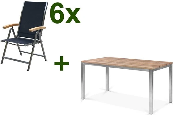 OUTFLEXX Esstischgarnitur, Edelstahl / FSC-Teak, Tisch 150x80cm, 6 Multipositionssessel, Schwarz 3 OUTFLEXX Esstischgarnitur, Edelstahl / FSC-Teak, Tisch 150x80cm, 6 Multipositionssessel, Schwarz