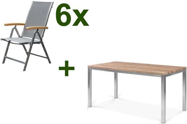 OUTFLEXX Esstischgarnitur, Edelstahl / FSC-Teak, Tisch 150x80cm, 6 Multipositionssessel, Taupe 3 OUTFLEXX Esstischgarnitur, Edelstahl / FSC-Teak, Tisch 150x80cm, 6 Multipositionssessel, Taupe