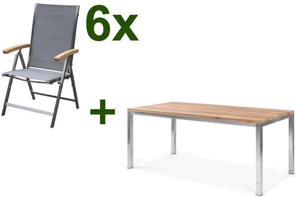 OUTFLEXX Esstischgarnitur, Edelstahl / FSC-Teak, Tisch 180 X 90 Cm, 6 Multipositionssessel, Silber 3 OUTFLEXX Esstischgarnitur, Edelstahl / FSC-Teak, Tisch 180 X 90 Cm, 6 Multipositionssessel, Silber