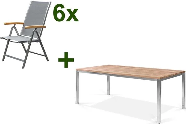 OUTFLEXX Esstischgarnitur, Edelstahl / FSC-Teak, Tisch 200 X 100 Cm, 6 Multipositionssessel, Taupe 3 OUTFLEXX Esstischgarnitur, Edelstahl / FSC-Teak, Tisch 200 X 100 Cm, 6 Multipositionssessel, Taupe