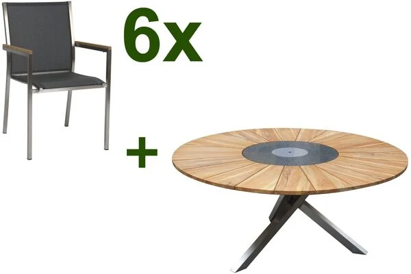 STERN Polaris Esstischgruppe, Silbergrau, Edelstahl/FSC-Teak, Tisch Ø 170 Cm, 6 Stapelsessel 3 STERN Polaris Esstischgruppe, Silbergrau, Edelstahl/FSC-Teak, Tisch Ø 170 Cm, 6 Stapelsessel