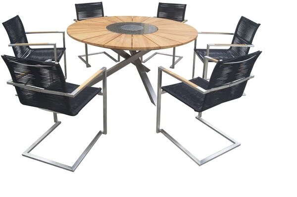 OUTFLEXX Esstischgarnitur, Silber/schwarz, Edelstahl/FSC-Teak, Esstisch Ø 170 Cm, 6 Freischwinger 4 OUTFLEXX Esstischgarnitur, Silber/schwarz, Edelstahl/FSC-Teak, Esstisch Ø 170 Cm, 6 Freischwinger – Bild 2