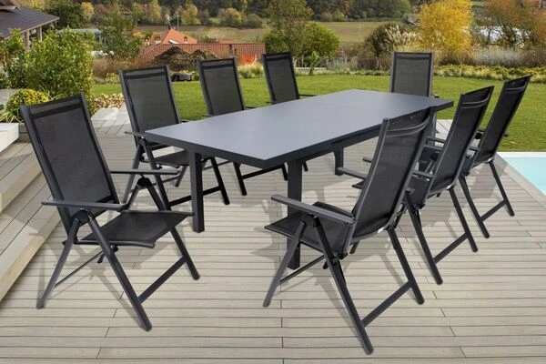 OUTFLEXX Premium Esstischgarnitur, OUTFLEXX® Anthrazit Matt, Alu/Textilene, Tisch 180/240x100cm, 8 Multipositionssessel 3 OUTFLEXX Premium Esstischgarnitur, OUTFLEXX® Anthrazit Matt, Alu/Textilene, Tisch 180/240x100cm, 8 Multipositionssessel