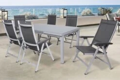 KETTLER BasicPlus Esstischgarnitur, Silber, Alu/Textilene, Tisch 180/240x100cm, 6 Multipositionssessel