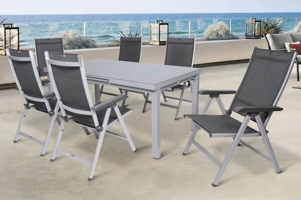 KETTLER BasicPlus Esstischgarnitur, Silber, Alu/Textilene, Tisch 180/240x100cm, 6 Multipositionssessel 3 KETTLER BasicPlus Esstischgarnitur, Silber, Alu/Textilene, Tisch 180/240x100cm, 6 Multipositionssessel