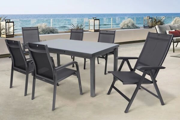 KETTLER BasicPlus Sitzgruppe, Anthrazit, Alu/Textilene, Tisch 180/240x100cm, 4 Stapel-, 2 Multipositionssessel 3 KETTLER BasicPlus Sitzgruppe, Anthrazit, Alu/Textilene, Tisch 180/240x100cm, 4 Stapel-, 2 Multipositionssessel