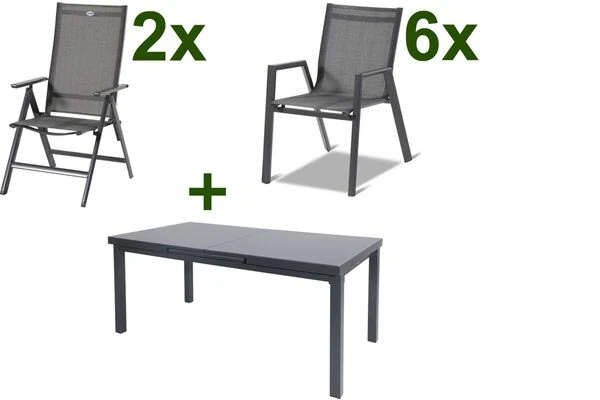 HARTMAN Aruba Esstischgarnitur, Xerix, Alu/Textilene, Tisch 180/240x100cm, 6 Stapel-, 2 Multipositionssessel 3 HARTMAN Aruba Esstischgarnitur, Xerix, Alu/Textilene, Tisch 180/240x100cm, 6 Stapel-, 2 Multipositionssessel