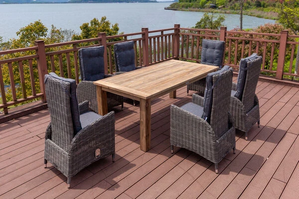 OUTFLEXX Esstischgarnitur, Polyrattan/Teakholz, Tisch 200 X 100 Cm, 6 Hochlehner- Diningsessel, Inkl. Polster 3 OUTFLEXX Esstischgarnitur, Polyrattan/Teakholz, Tisch 200 X 100 Cm, 6 Hochlehner- Diningsessel, Inkl. Polster