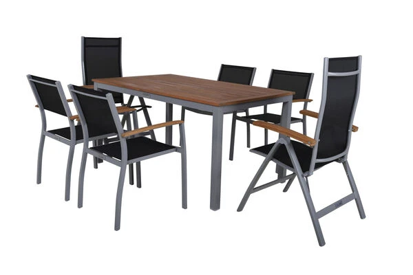 VILLANA Esstischgarnitur, Silber/schwarz, Alu / FSC-Akazienholz, Gartentisch 150 X 90 Cm, 4 Stapelsessel, 2 Hochlehner 3 VILLANA Esstischgarnitur, Silber/schwarz, Alu / FSC-Akazienholz, Gartentisch 150 X 90 Cm, 4 Stapelsessel, 2 Hochlehner