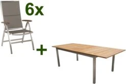 STERN Cardiff Esstischgruppe, Silber/taupe, Edelstahl/FSC-Teak, Tisch 200/300 X 100 Cm, 6 Multipositionssessel