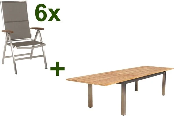 STERN Cardiff Esstischgruppe, Silber/taupe, Edelstahl/FSC-Teak, Tisch 220/340 X 100 Cm, 6 Multipositionssessel 3 STERN Cardiff Esstischgruppe, Silber/taupe, Edelstahl/FSC-Teak, Tisch 220/340 X 100 Cm, 6 Multipositionssessel