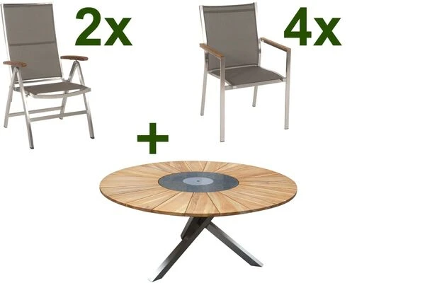 STERN Cardiff Esstischgruppe, Silber/taupe, Edelstahl/FSC-Teak, Tisch Ø 170 Cm, 4 Stapel-, 2 Multipositionssessel 3 STERN Cardiff Esstischgruppe, Silber/taupe, Edelstahl/FSC-Teak, Tisch Ø 170 Cm, 4 Stapel-, 2 Multipositionssessel
