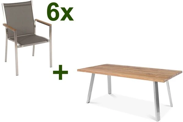 STERN Cardiff Esstischgruppe, Silber/taupe, Edelstahl/Teak, Tisch A-Gestell 200 X 100 Cm, 6 Stapelsessel 3 STERN Cardiff Esstischgruppe, Silber/taupe, Edelstahl/Teak, Tisch A-Gestell 200 X 100 Cm, 6 Stapelsessel