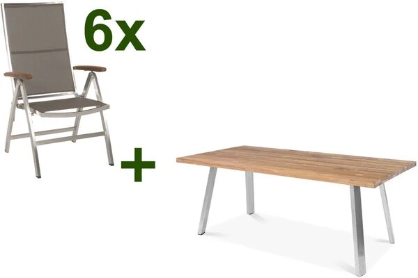 STERN Cardiff Esstischgruppe, Silber/taupe, Edelstahl/Teak, Tisch A-Gestell 220 X 100 Cm, 6 Multipositionssessel 3 STERN Cardiff Esstischgruppe, Silber/taupe, Edelstahl/Teak, Tisch A-Gestell 220 X 100 Cm, 6 Multipositionssessel