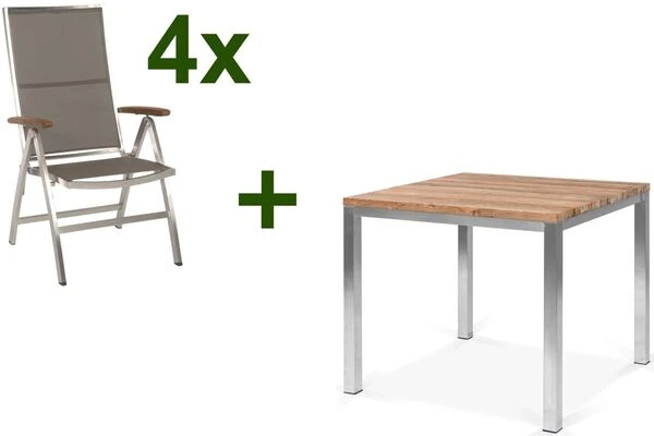 STERN Cardiff Esstischgruppe, Silber/taupe, Edelstahl/Teak, Tisch 90 X 90 Cm, 4 Multipositionssessel 3 STERN Cardiff Esstischgruppe, Silber/taupe, Edelstahl/Teak, Tisch 90 X 90 Cm, 4 Multipositionssessel