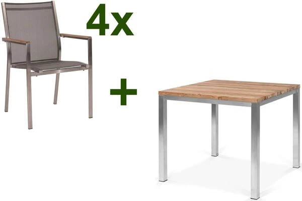 STERN Cardiff Esstischgruppe, Silber/silbergrau, Edelstahl/Teak, Tisch 90 X 90 Cm, 4 Stapelsessel 3 STERN Cardiff Esstischgruppe, Silber/silbergrau, Edelstahl/Teak, Tisch 90 X 90 Cm, 4 Stapelsessel