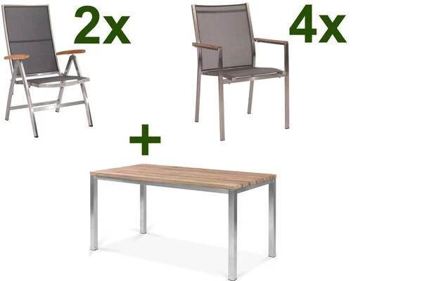 STERN Cardiff Esstischgruppe, Silber/silbergrau, Edelstahl/Teak, Tisch 150 X 80 Cm, 4 Stapel-, 2 Multipositionssessel 3 STERN Cardiff Esstischgruppe, Silber/silbergrau, Edelstahl/Teak, Tisch 150 X 80 Cm, 4 Stapel-, 2 Multipositionssessel