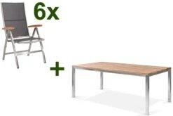 STERN Cardiff Esstischgruppe, Silber/silbergrau, Edelstahl/Teak, Tisch 200 X 100 Cm, 6 Multipositionssessel