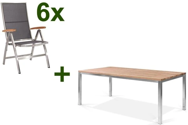 STERN Cardiff Esstischgruppe, Silber/silbergrau, Edelstahl/Teak, Tisch 200 X 100 Cm, 6 Multipositionssessel 3 STERN Cardiff Esstischgruppe, Silber/silbergrau, Edelstahl/Teak, Tisch 200 X 100 Cm, 6 Multipositionssessel