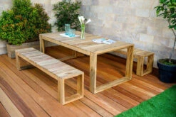 OUTFLEXX Anok Esstischgarnitur, Natur, Recycled FSC-Teak, Esstisch 200x100cm, 2x Bank 200x40cm