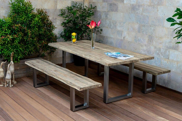 OUTFLEXX Esstischgarnitur, Silber/natur, Edelstahl & Recycled FSC-Teak, Esstisch 200x100cm, 2xBank 200x40cm, Baumkante 3 OUTFLEXX Esstischgarnitur, Silber/natur, Edelstahl & Recycled FSC-Teak, Esstisch 200x100cm, 2xBank 200x40cm, Baumkante