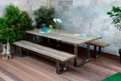 OUTFLEXX Esstischgarnitur, Silber/natur, Edelstahl & Recycled FSC-Teak, Esstisch 240x100cm, 2x Bank 240x40cm, Baumkante