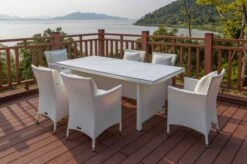 OUTFLEXX Dining Set, Weiß, Polyrattan, Tisch 200x95cm, Spraystone, 6mm, 6 Sessel