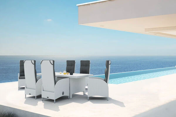 OUTFLEXX Dining Set, Weiß, Polyrattan, Tisch 200x95cm, Spraystone 6mm, 6 Dining Sessel Verstellbar 3 OUTFLEXX Dining Set, Weiß, Polyrattan, Tisch 200x95cm, Spraystone 6mm, 6 Dining Sessel Verstellbar