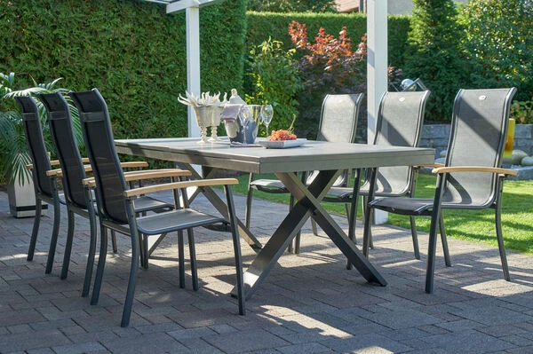 HARTMAN Sondermodell Xanadu / Alice Esstischgarnitur, Xerix/schwarz, Alu/Glaskeramik, 4x4 Textilen, 6 Stapelsessel, 220/280x100cm 3 HARTMAN Sondermodell Xanadu / Alice Esstischgarnitur, Xerix/schwarz, Alu/Glaskeramik, 4x4 Textilen, 6 Stapelsessel, 220/280x100cm