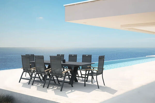 HARTMAN Sondermodell Xanadu / Alice Esstischgarnitur, Xerix/schwarz, Alu/Glaskeramik, 4x4 Textilen, 2 Stapelsessel, 6 Multipos, 220/280x100cm 3 HARTMAN Sondermodell Xanadu / Alice Esstischgarnitur, Xerix/schwarz, Alu/Glaskeramik, 4x4 Textilen, 2 Stapelsessel, 6 Multipos, 220/280x100cm