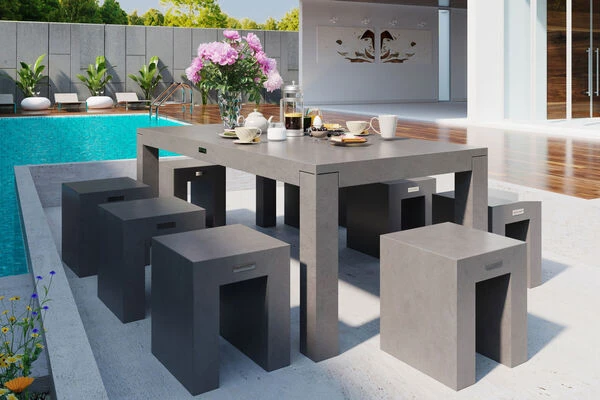 OUTFLEXXEsstischgarnitur, Grau, Faserzement, 180 X 90 Cm, Für Bis Zu 8 Personen, Kombinierbar, 6 Hocker 3 OUTFLEXXEsstischgarnitur, Grau, Faserzement, 180 X 90 Cm, Für Bis Zu 8 Personen, Kombinierbar, 6 Hocker