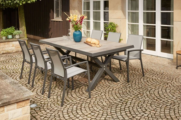 SIENA GARDEN Velia / Sincro Dining Set, Anthrazit/natur-grau, Alu/Ranotex/Keramik, 6 Sessel, Ausziehtisch 205/265 X 103 Cm 3 SIENA GARDEN Velia / Sincro Dining Set, Anthrazit/natur-grau, Alu/Ranotex/Keramik, 6 Sessel, Ausziehtisch 205/265 X 103 Cm