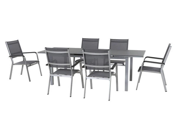 KETTLER Friends Esstischgarnitur, Silber/anthrazit, Alu/Textilene, Tisch 180/240 X 90 Cm, 6 Stapelsessel 3 KETTLER Friends Esstischgarnitur, Silber/anthrazit, Alu/Textilene, Tisch 180/240 X 90 Cm, 6 Stapelsessel