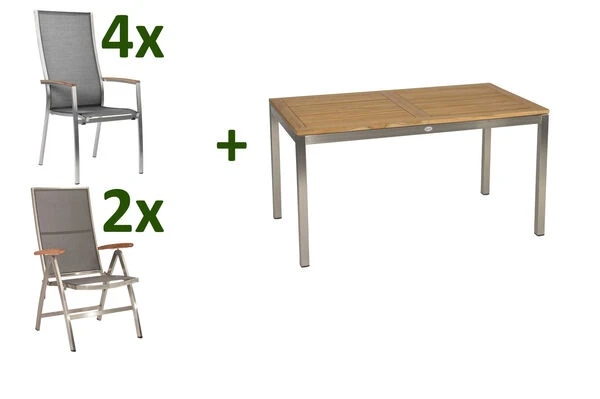 STERN Cardiff Esstischgarnitur, Silber/silbergrau, Edelstahl/Textilen/FSC-Teakholz, 162/220 X 90 Cm, 4 Stapel-, 2 Multipos, Butterfly-Auszug 3 STERN Cardiff Esstischgarnitur, Silber/silbergrau, Edelstahl/Textilen/FSC-Teakholz, 162/220 X 90 Cm, 4 Stapel-, 2 Multipos, Butterfly-Auszug